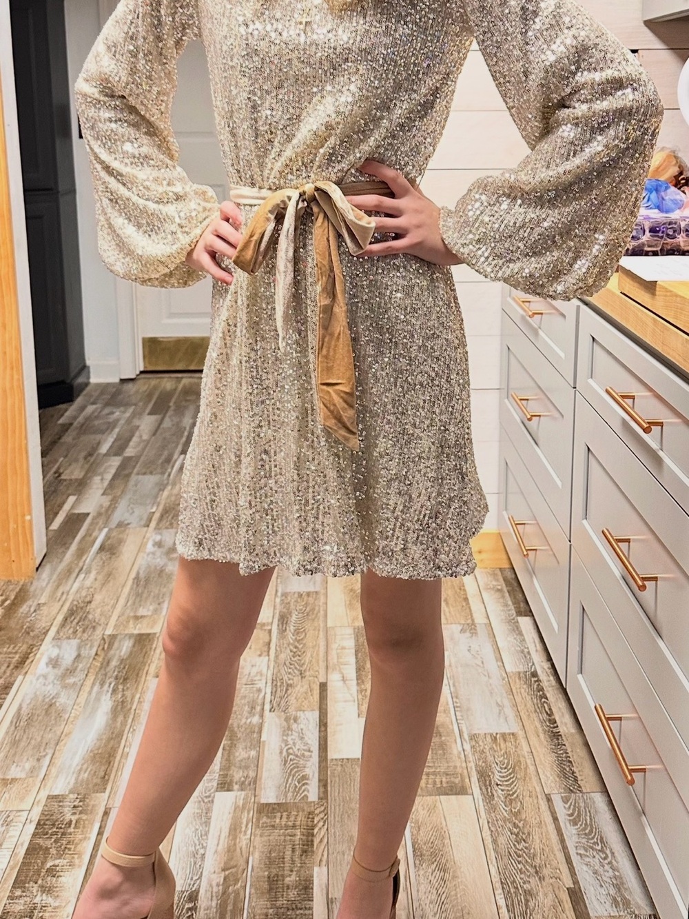 Sequin Tie-Waist Mini Dress in Champagne